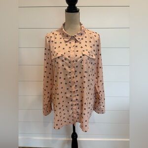 Karl Lagerfeld Paris Blush Pink Button Up Blouse with Black Bow Motif XL